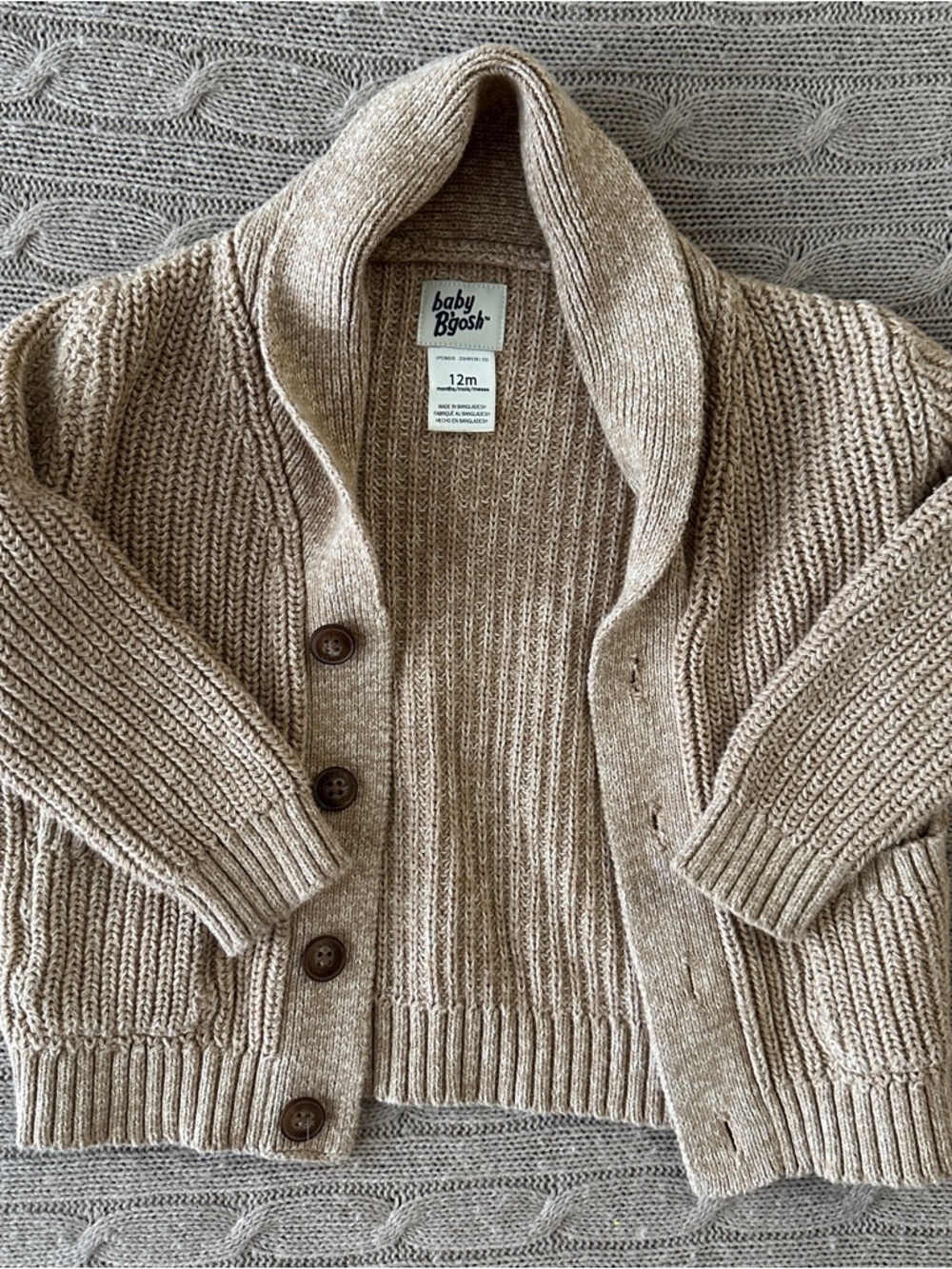 EUC Baby B'gosh Unisex Baby Shawl Collar Button Cardigan, Fawn, 12 Months